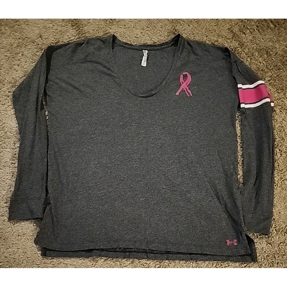 Under Armour Heat Gear Long Sleeve V-Neck Breast Cancer Awareness Tee Gray Med